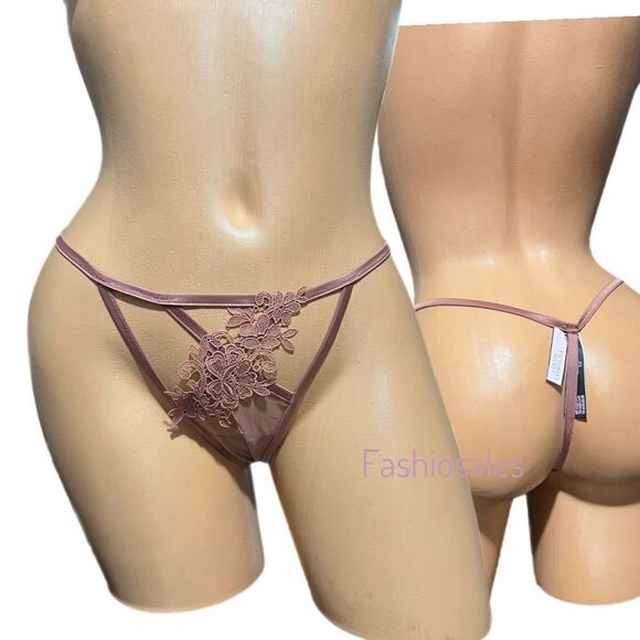 Victorias Secret Very Sexy Floral Appliqué Sheer Mesh V String Panty mauve - Picture 2 of 3